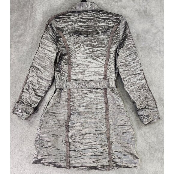 Misko Jacket Womens Medium Silver Snap Belted Long Sleeve Crinkled Retro 90s Y2K - Picture 2 of 10